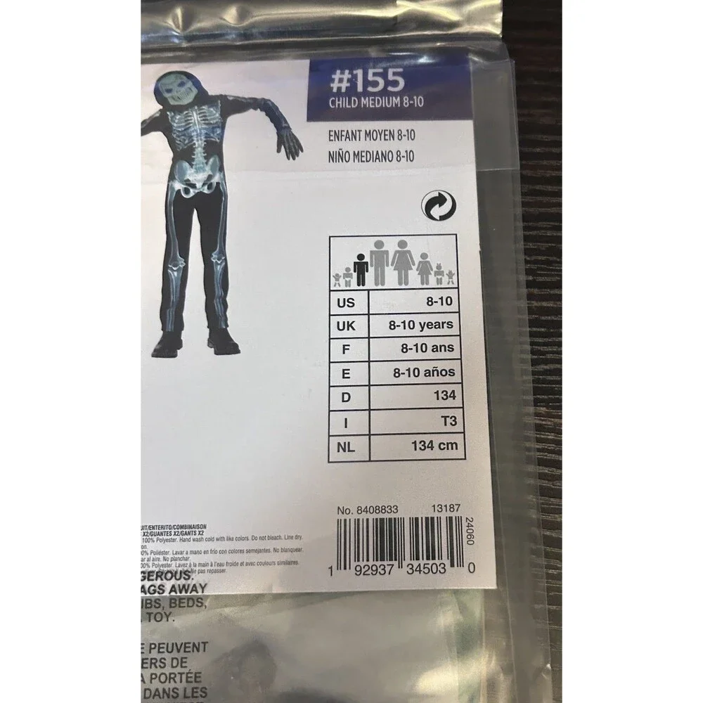 Glow In The Dark Skeleton Costume Child Medium 8-10 Halloween New Black